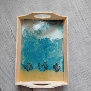 Hand Crafted Artistic Tray with Blue and White Swirls